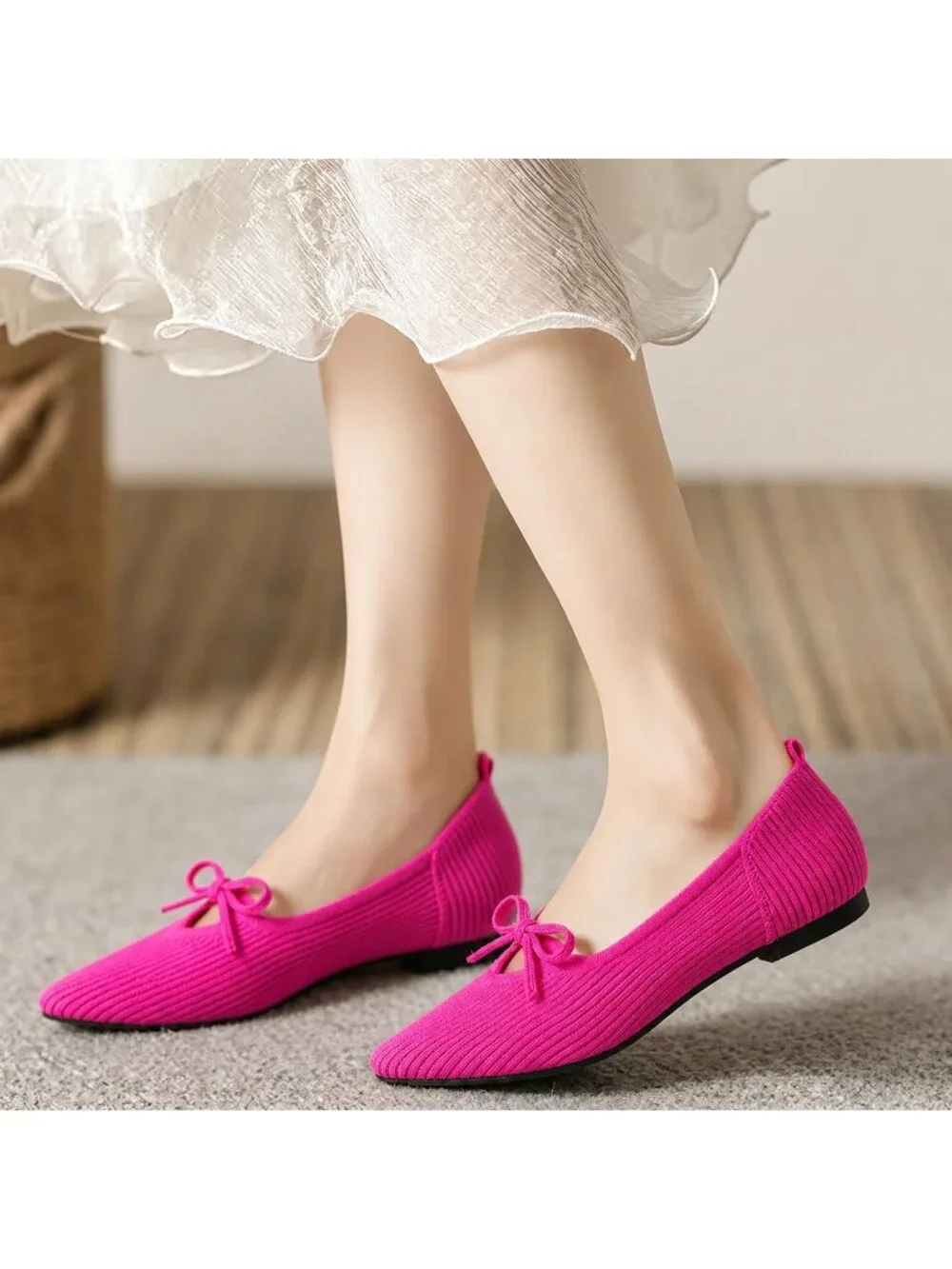 Women's Pink Pointed Toe Flats Comfortable Knit Ballet Shoes Washable Dressy